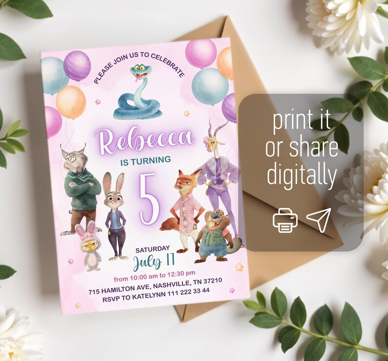 May include: A pink birthday invitation card featuring cartoon animal characters, colorful balloons, and the text: PLEASE JOIN US TO CELEBRATE, Rebecca IS TURNING 5, SATURDAY July 11, from 10:00 am to 12:30 pm, 715 HAMILTON AVE, NASHVILLE, TN 37210, RSVP TO KATELYNN 111 222 33 44.