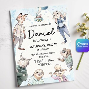 Peut inclure: Une carte d'invitation d'anniversaire rectangulaire illustr&eacute;e avec des personnages de Zootopie comme Nick Wilde et Judy Hopps. Le texte indique : Join us to celebrate Daniel is turning 3, SATURDAY, DEC 13 at 12:30 pm, 234 Play Street, Frolic, AZ 85001, RSVP to Mom 901.901.9012.