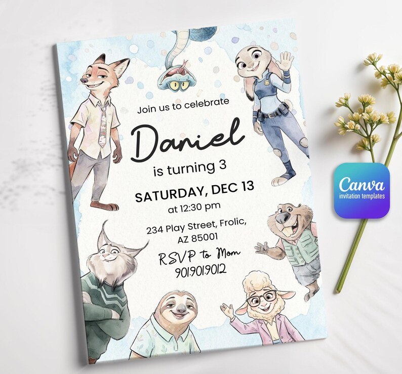 Peut inclure: Une carte d'invitation d'anniversaire rectangulaire illustr&eacute;e avec des personnages de Zootopie comme Nick Wilde et Judy Hopps. Le texte indique : Join us to celebrate Daniel is turning 3, SATURDAY, DEC 13 at 12:30 pm, 234 Play Street, Frolic, AZ 85001, RSVP to Mom 901.901.9012.