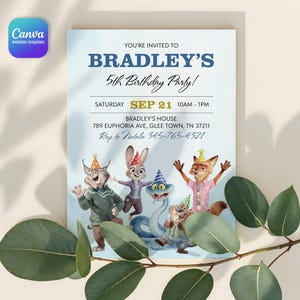 K&ouml;nnte beinhalten: Eine hellblaue Geburtstagseinladungskarte mit dem Text YOU'RE INVITED TO BRADLEY'S 5th Birthday Party! SATURDAY SEP 21 10AM - 1PM BRADLEY'S HOUSE 789 EUPHORIA AVE, GLEE TOWN, TN 37211 Rsvp to Natalie 345-765-4321 und illustrierten Tieren.
