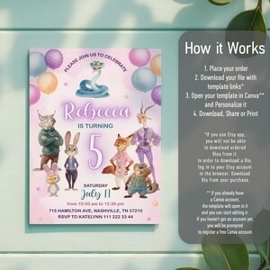 May include: A digital birthday invitation template featuring Zootopia characters, colorful balloons, and the text Rebecca is turning 5 on July 17. The right side includes instructions titled How it Works, detailing the order, download, and Canva editing process.