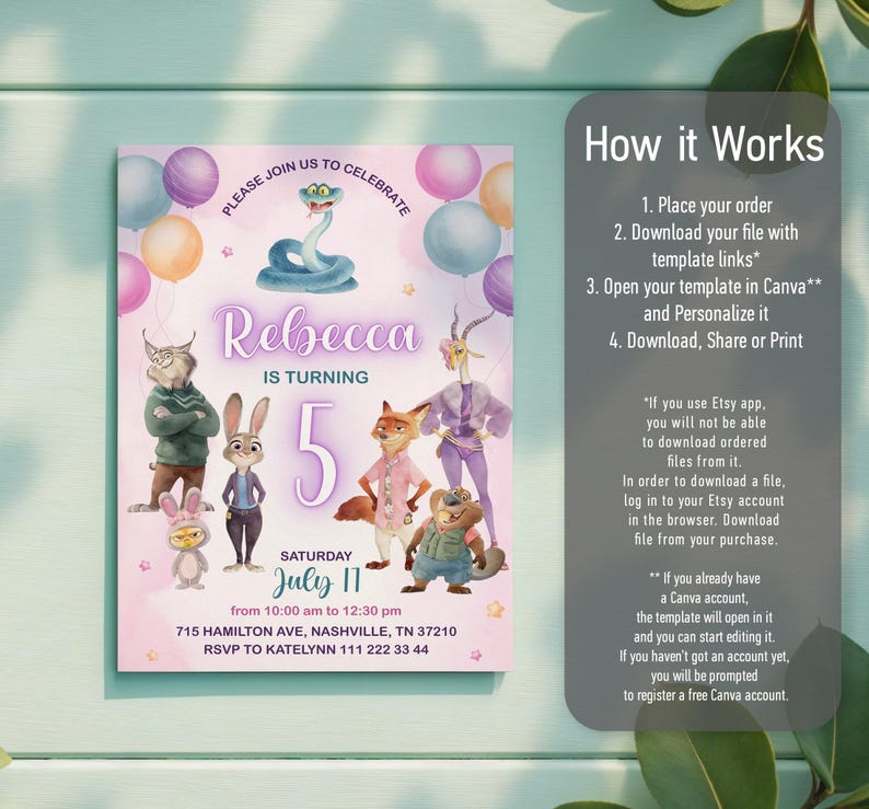May include: A digital birthday invitation template featuring Zootopia characters, colorful balloons, and the text Rebecca is turning 5 on July 17. The right side includes instructions titled How it Works, detailing the order, download, and Canva editing process.