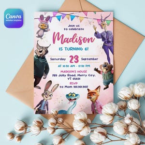 Puede incluir: Una tarjeta de invitaci&oacute;n de cumplea&ntilde;os rectangular con personajes de Zootopia, fondo rosa y banderines coloridos. El texto dice: Join us to celebrate Madison IS TURNING 6! Saturday 23 September AT 10:30 AM - 12:30 PM MADISON'S HOUSE 789 Jolly Road, Merry City, VT 05601 RSVP to Mom 901.901.9012.