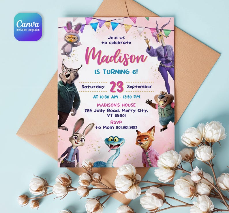 Puede incluir: Una tarjeta de invitaci&oacute;n de cumplea&ntilde;os rectangular con personajes de Zootopia, fondo rosa y banderines coloridos. El texto dice: Join us to celebrate Madison IS TURNING 6! Saturday 23 September AT 10:30 AM - 12:30 PM MADISON'S HOUSE 789 Jolly Road, Merry City, VT 05601 RSVP to Mom 901.901.9012.