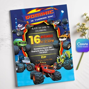 May include: A rectangular birthday invitation card featuring cartoon monster trucks in blue, red, green, and yellow. The text reads: DOMINIC IS TURNING SIX! BLAZE ON OVER TO CELEBRATE! 16 NOVEMBER AT 12:30PM, Dominic's House 789 Euphoria Ave, Glee Town, TN 37211, RSVP to Rachel 123.456.7890.