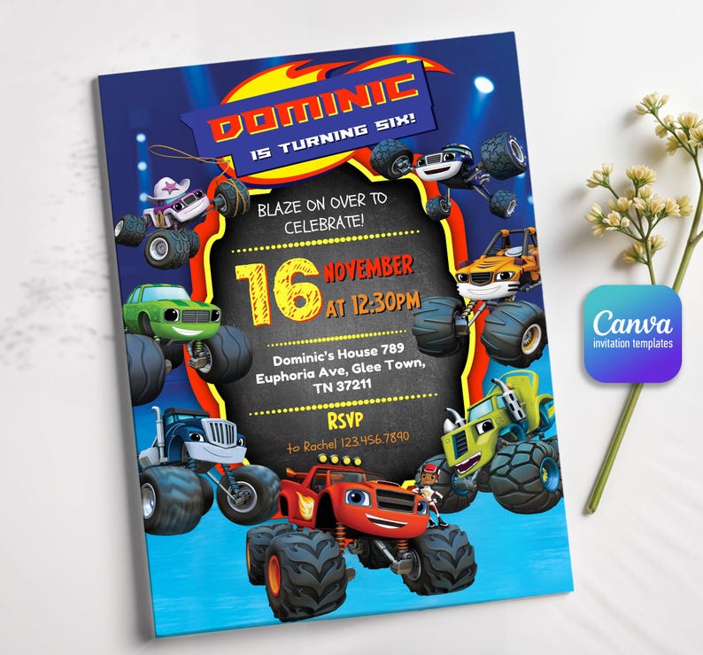 May include: A rectangular birthday invitation card featuring cartoon monster trucks in blue, red, green, and yellow. The text reads: DOMINIC IS TURNING SIX! BLAZE ON OVER TO CELEBRATE! 16 NOVEMBER AT 12:30PM, Dominic's House 789 Euphoria Ave, Glee Town, TN 37211, RSVP to Rachel 123.456.7890.
