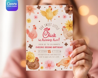 May include: A rectangular birthday invitation card featuring watercolor illustrations of five chickens and various flowers in shades of pink, yellow, and brown. The text reads: Our sweet little Chick is turning two! Join us to celebrate Evelyn's second birthday! Sat. October 15 at 11:00 AM, Evelyn's home 123 Festive Drive, Celebrate Town, NH 03301, RSVP to Grace 678.901.2345.