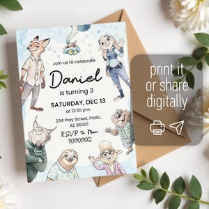 Peut inclure: Une carte d'invitation d'anniversaire rectangulaire avec des illustrations &agrave; l'aquarelle de personnages animaux anim&eacute;s. Le texte indique : Join us to celebrate Daniel is turning 3, SATURDAY, DEC 13 at 12:30 pm, 234 Play Street, Frolic, AZ 85001, RSVP to Mom 901.901.9012.
