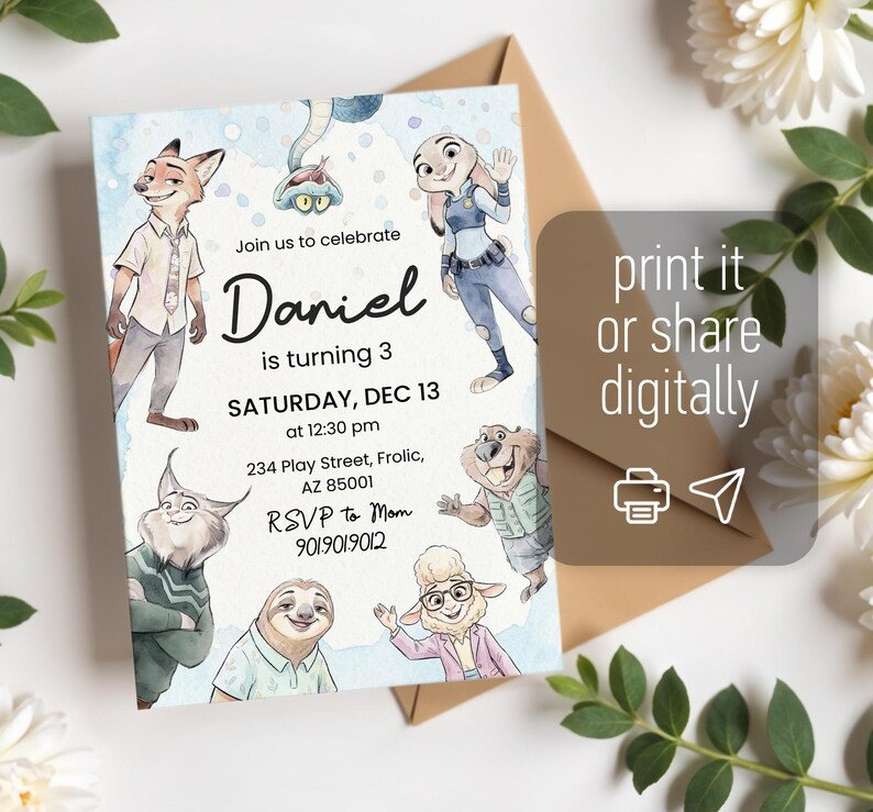 Peut inclure: Une carte d'invitation d'anniversaire rectangulaire avec des illustrations &agrave; l'aquarelle de personnages animaux anim&eacute;s. Le texte indique : Join us to celebrate Daniel is turning 3, SATURDAY, DEC 13 at 12:30 pm, 234 Play Street, Frolic, AZ 85001, RSVP to Mom 901.901.9012.