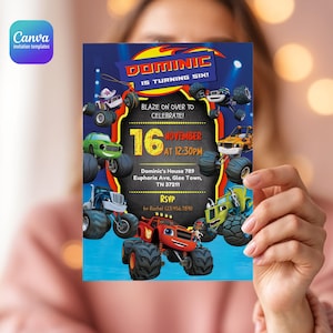 May include: A rectangular birthday invitation card featuring Blaze and the Monster Machines characters. The blue background displays the text DOMINIC IS TURNING SIX, BLAZE ON OVER TO CELEBRATE, 16 NOVEMBER AT 12:30PM, and event details.