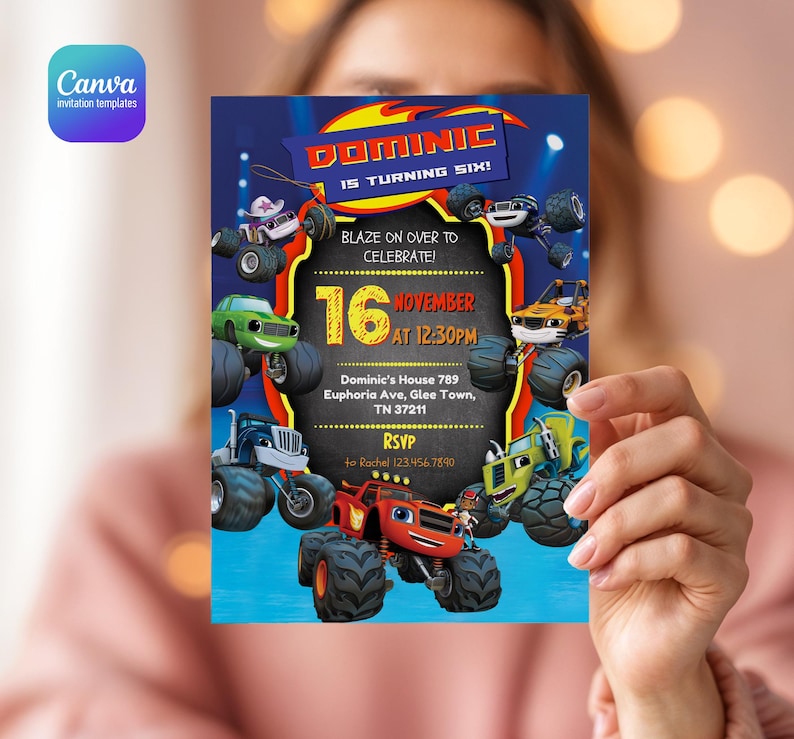 May include: A rectangular birthday invitation card featuring Blaze and the Monster Machines characters. The blue background displays the text DOMINIC IS TURNING SIX, BLAZE ON OVER TO CELEBRATE, 16 NOVEMBER AT 12:30PM, and event details.