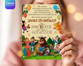 Faire-part d'anniversaire de livre de contes Gruffalo, invitation de livre de contes de souris des bois, modèle de fête forêt modifiable imprimable, anniversaire garçon fille