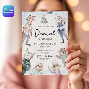 Peut inclure: Une carte d'invitation d'anniversaire rectangulaire avec des illustrations style aquarelle de divers personnages animaux. Le texte indique : Join us to celebrate Daniel is turning 3, Saturday, Dec 13 at 12:30 pm, 234 Play Street, Frolic, AZ 85001, RSVP to Mom 9019019012.