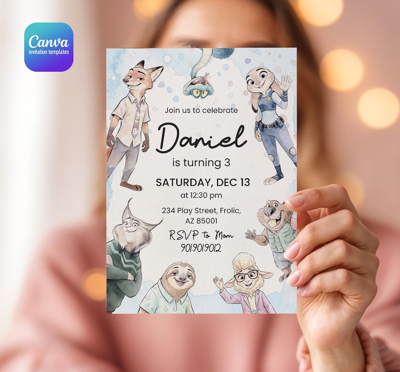Peut inclure: Une carte d'invitation d'anniversaire rectangulaire avec des illustrations style aquarelle de divers personnages animaux. Le texte indique : Join us to celebrate Daniel is turning 3, Saturday, Dec 13 at 12:30 pm, 234 Play Street, Frolic, AZ 85001, RSVP to Mom 9019019012.