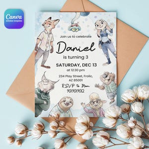 Peut inclure: Une carte d'invitation d'anniversaire rectangulaire illustr&eacute;e avec des personnages de Zootopie comme Nick Wilde, Judy Hopps et Flash. Le texte indique : Join us to celebrate Daniel is turning 3, SATURDAY, DEC 13 at 12:30 pm, 234 Play Street, Frolic, AZ 85001, RSVP to Mom 901.901.9012.