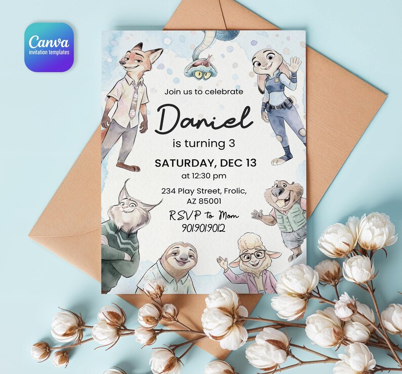 Peut inclure: Une carte d'invitation d'anniversaire rectangulaire illustr&eacute;e avec des personnages de Zootopie comme Nick Wilde, Judy Hopps et Flash. Le texte indique : Join us to celebrate Daniel is turning 3, SATURDAY, DEC 13 at 12:30 pm, 234 Play Street, Frolic, AZ 85001, RSVP to Mom 901.901.9012.