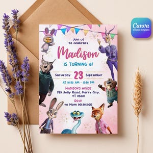 Puede incluir: Una tarjeta de invitaci&oacute;n de cumplea&ntilde;os rectangular con personajes de Zootopia, banderines coloridos y el texto: Join us to celebrate Madison is turning 6! Saturday 23 September at 10:30 AM - 12:30 PM, Madison's House 789 Jolly Road, Merry City, VT 05601.