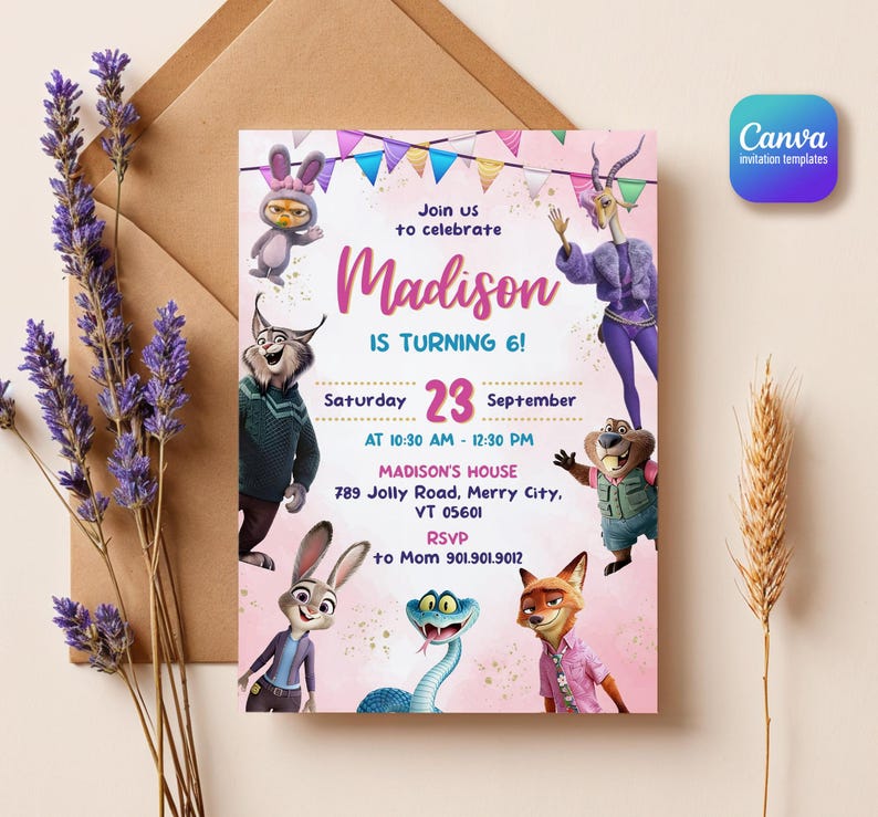Puede incluir: Una tarjeta de invitaci&oacute;n de cumplea&ntilde;os rectangular con personajes de Zootopia, banderines coloridos y el texto: Join us to celebrate Madison is turning 6! Saturday 23 September at 10:30 AM - 12:30 PM, Madison's House 789 Jolly Road, Merry City, VT 05601.