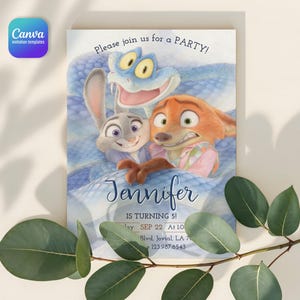 May include: A rectangular party invitation card featuring a watercolor illustration of a rabbit, a fox, and a blue snake. The text reads: Please join us for a PARTY! Jennifer IS TURNING 5! Sep 22 At 1:00, Blvd, Jovial, LA 70112, 123.987.6543.