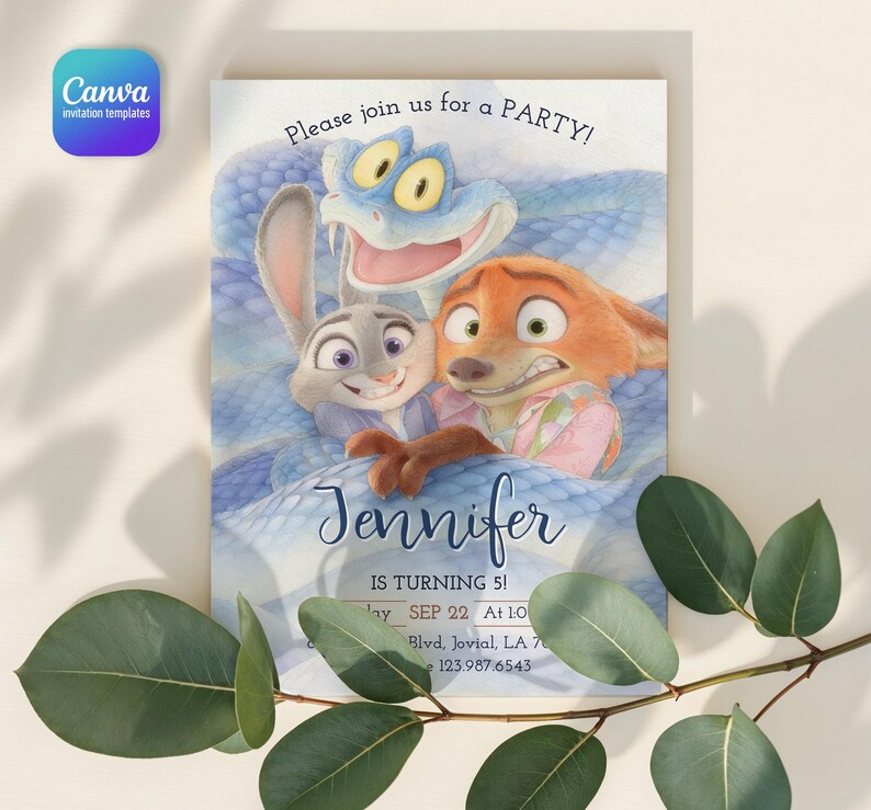 May include: A rectangular party invitation card featuring a watercolor illustration of a rabbit, a fox, and a blue snake. The text reads: Please join us for a PARTY! Jennifer IS TURNING 5! Sep 22 At 1:00, Blvd, Jovial, LA 70112, 123.987.6543.