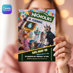 May include: A birthday invitation card featuring Zootopia characters wearing party hats. The text reads: Join us to celebrate Nicholas is turning 6, Sat, May 20, from 10 am to 1 pm, 715 Hamilton Ave. Nashville, TN 37210, RSVP to Rachel 123 123 44 55.