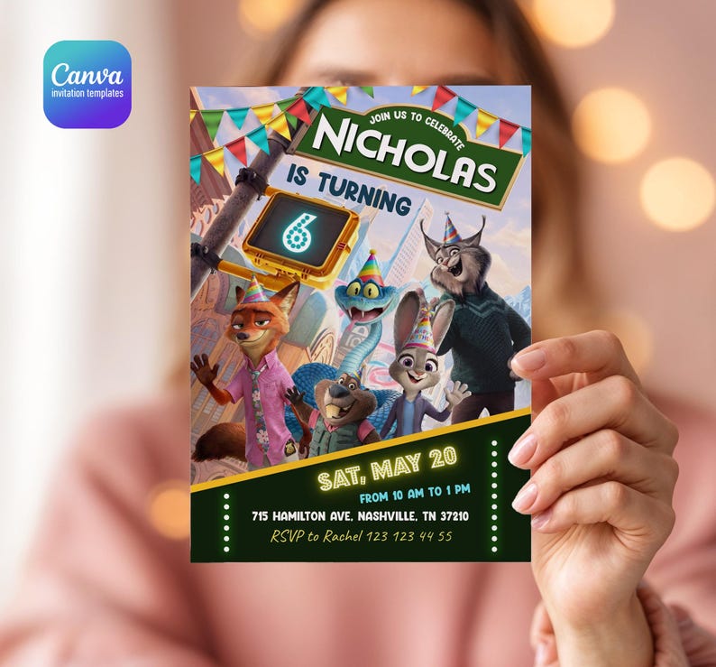 May include: A birthday invitation card featuring Zootopia characters wearing party hats. The text reads: Join us to celebrate Nicholas is turning 6, Sat, May 20, from 10 am to 1 pm, 715 Hamilton Ave. Nashville, TN 37210, RSVP to Rachel 123 123 44 55.