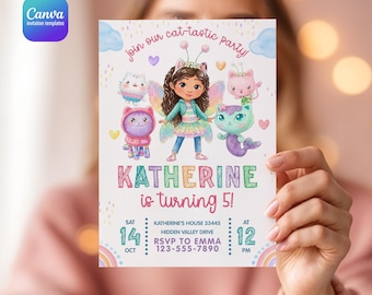Invitation maison de poupée imprimable, invitation d'anniversaire modifiable, invitation de fête de poupée, modèle d'invitation d'anniversaire de fille, invitation de chaton