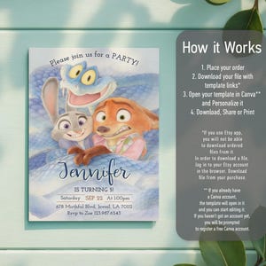 May include: A rectangular party invitation featuring a cartoon rabbit, a fox, and a blue snake. The text reads: Please join us for a PARTY! Jennifer IS TURNING 5! Saturday SEP 22 At 1:00pm 678 Mirthful Blvd, Jovial, LA 70112 Rsvp to Zoe 123.987.6543.