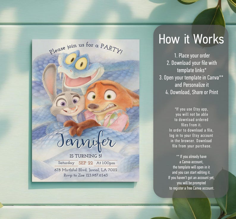 May include: A rectangular party invitation featuring a cartoon rabbit, a fox, and a blue snake. The text reads: Please join us for a PARTY! Jennifer IS TURNING 5! Saturday SEP 22 At 1:00pm 678 Mirthful Blvd, Jovial, LA 70112 Rsvp to Zoe 123.987.6543.