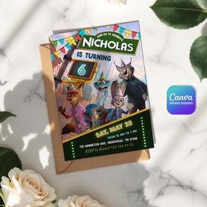 May include: A rectangular birthday invitation card featuring animated animal characters wearing party hats. The text reads: JOIN US TO CELEBRATE NICHOLAS IS TURNING 6, SAT, MAY 20 FROM 10 AM TO 1 PM, 715 HAMILTON AVE, NASHVILLE, TN 37210, RSVP to Rachel 123 123 44 55.