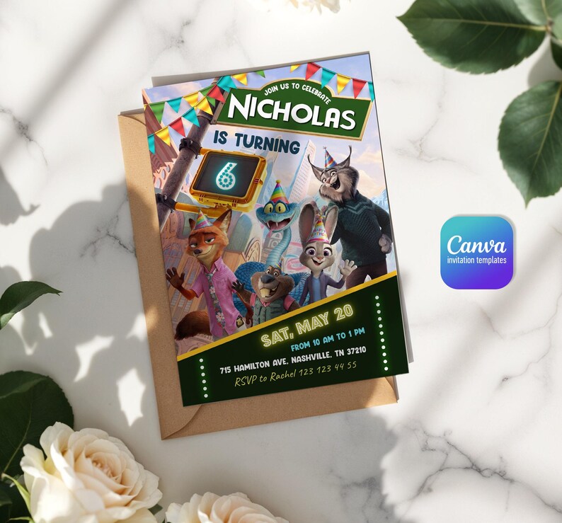 May include: A rectangular birthday invitation card featuring animated animal characters wearing party hats. The text reads: JOIN US TO CELEBRATE NICHOLAS IS TURNING 6, SAT, MAY 20 FROM 10 AM TO 1 PM, 715 HAMILTON AVE, NASHVILLE, TN 37210, RSVP to Rachel 123 123 44 55.