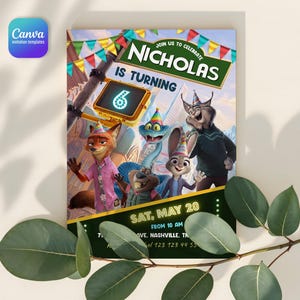 May include: A rectangular birthday invitation card featuring animated animal characters wearing party hats. The text reads NICHOLAS IS TURNING 6, SAT, MAY 20, FROM 10 AM, 712 GROVE, NASHVILLE, TN, and RSVP TO RACHEL 123 123 44 55. Colourful bunting hangs above.