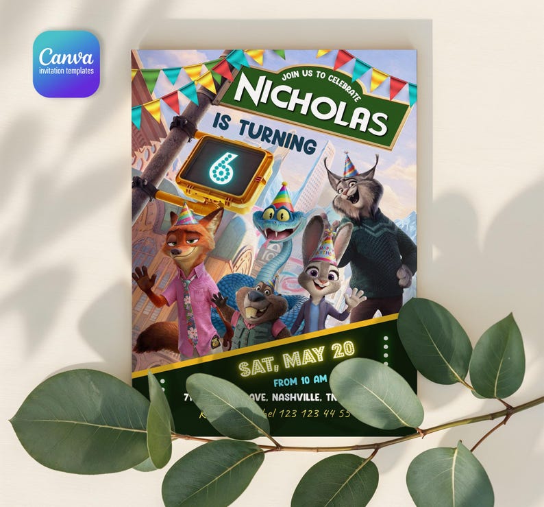May include: A rectangular birthday invitation card featuring animated animal characters wearing party hats. The text reads NICHOLAS IS TURNING 6, SAT, MAY 20, FROM 10 AM, 712 GROVE, NASHVILLE, TN, and RSVP TO RACHEL 123 123 44 55. Colourful bunting hangs above.
