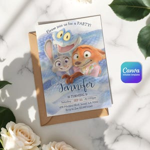 May include: A rectangular birthday invitation card featuring cartoon characters Judy Hopps, Nick Wilde, and a blue snake. The text reads: Please join us for a PARTY! Jennifer IS TURNING 5! Saturday SEP 22 At 1:00pm 678 Mirthful Blvd, Jovial, LA 70112 Rsvp to Zoe 123.987.6543.