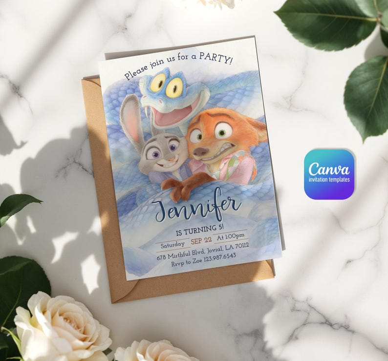 May include: A rectangular birthday invitation card featuring cartoon characters Judy Hopps, Nick Wilde, and a blue snake. The text reads: Please join us for a PARTY! Jennifer IS TURNING 5! Saturday SEP 22 At 1:00pm 678 Mirthful Blvd, Jovial, LA 70112 Rsvp to Zoe 123.987.6543.