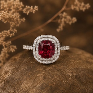 925 Sterling Silver 2.50 Ct Cushion Cut Ruby, Emerald Ring 14K White Gold Plated