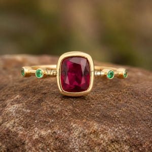 2.50 Ct Cushion Cut Ruby, Emerald Ring 14K Yellow Gold Plated 925 Sterling Silver