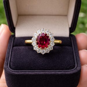 May include: A gold ring with a large, round, red gemstone at the center, surrounded by a halo of smaller, clear gemstones. The ring is presented in a dark blue velvet ring box.