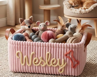 Personalized Corduroy Pet Toy Basket, Custom Name Storage Bin, Leather Handles