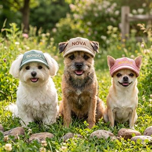 May include: Three dogs wearing caps with the names "INDIGO", "NOVA", and "MARIE" embroidered on them. The dogs are sitting in a grassy area with small rocks. The caps are in shades of green, tan, and pink.