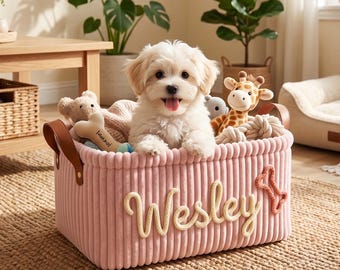 Cesta personalizada de pana para mascotas con nombre, cesta bordada a medida para mascotas, contenedor de juguetes para perros, organizador de juguetes para gatos, cesta de almacenamiento hecha a mano.