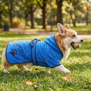 Może przedstawiać: Corgi w niebieskim szlafroku z kapturem z imieniem "Charlie" wyhaftowanym na plecach, wraz z motywem łapy. Pies trzyma w pysku piłkę tenisową i idzie po zielonej trawie.