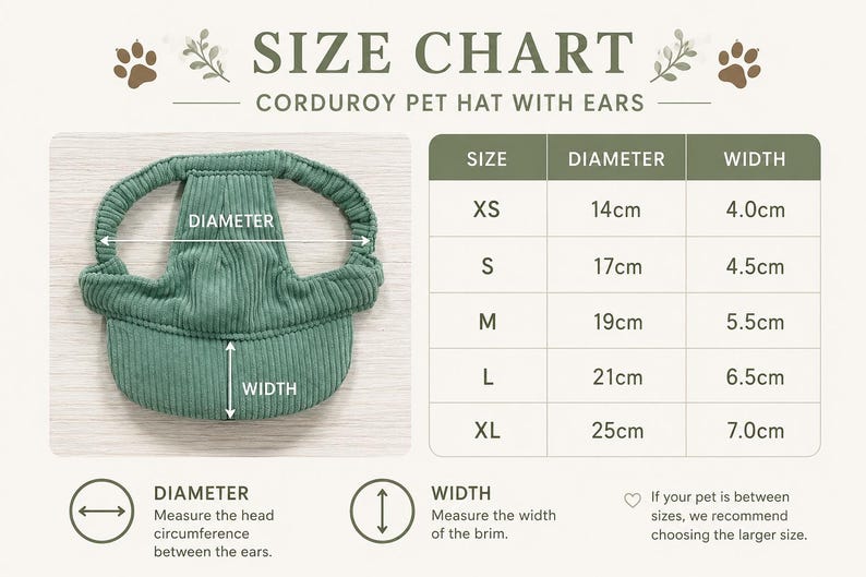 May include: A size chart for a corduroy pet hat with ear holes. The chart shows hat sizes XS to XL, with diameter measurements from 14cm to 25cm and widths from 4.0cm to 7.0cm. The hat is green.