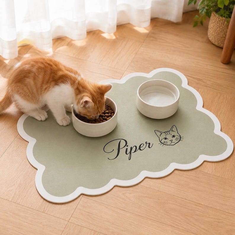 May include: A sage green scalloped pet feeding mat with a white border. The mat features the name Piper in black cursive script and a line drawing of a cat face. Two white ceramic bowls sit on the mat, one containing brown dry kibble.