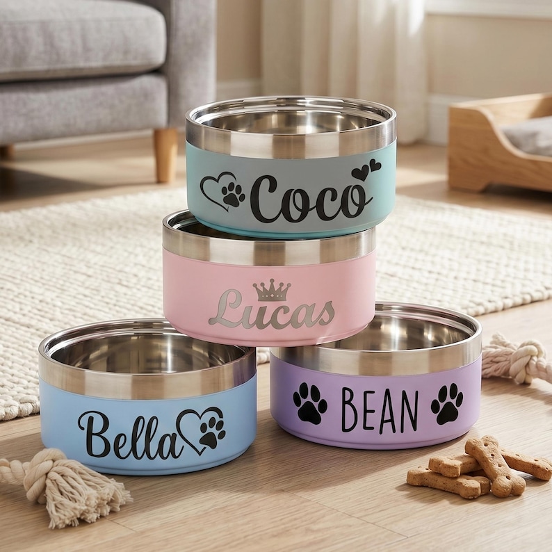 May include: A stack of four stainless steel pet bowls with colored exteriors. The top bowl is light blue with the name Coco and a paw print heart. The middle bowl is pink with the name Lucas and a crown. The bottom bowls are light blue with the name Bella and a paw print heart, and purple with the name BEAN and two paw prints.
