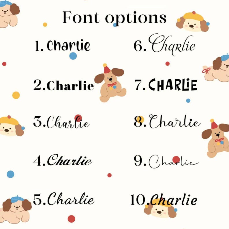 May include: A white background with the text "Font options" and the name "Charlie" in ten different fonts. The image includes cartoon dog illustrations with party hats and colorful polka dots.