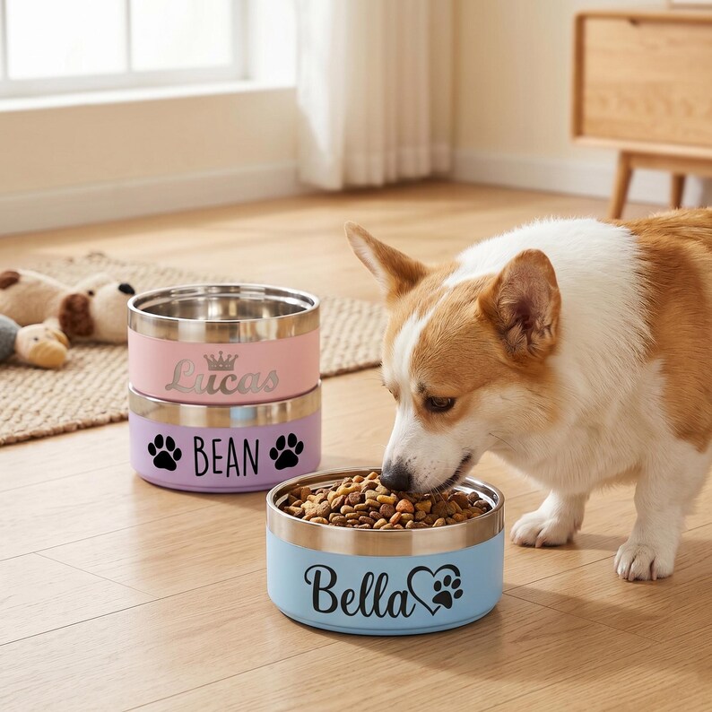 May include: Three round stainless steel pet bowls with colored exteriors. The top bowl is pink with the name Lucas and a crown. The middle bowl is lavender with the name Bean and paw prints. The bottom bowl is light blue with the name Bella and a heart.