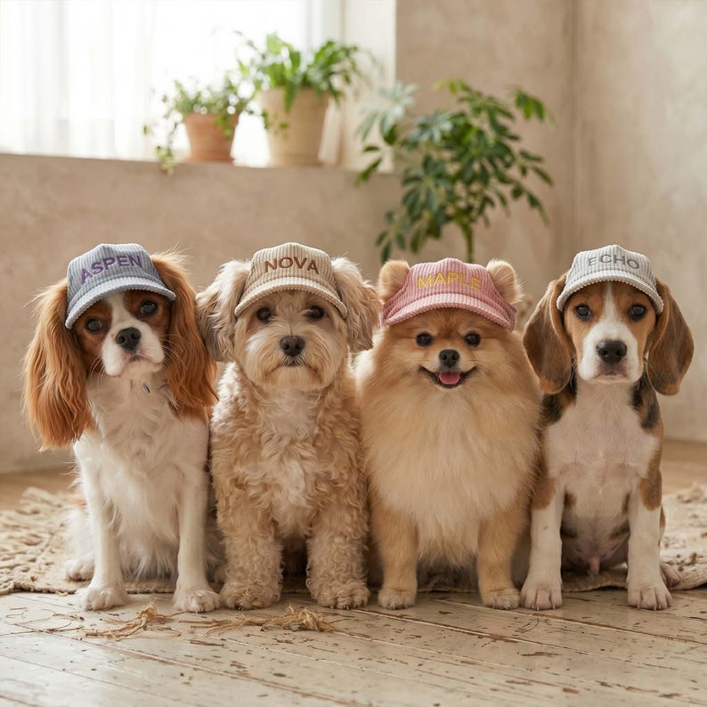 May include: Four dogs wearing baseball caps with names embroidered on them. The dogs are a Cavalier King Charles Spaniel, a Goldendoodle, a Pomeranian, and a Beagle. The caps are in various colors, including blue, tan, and pink.