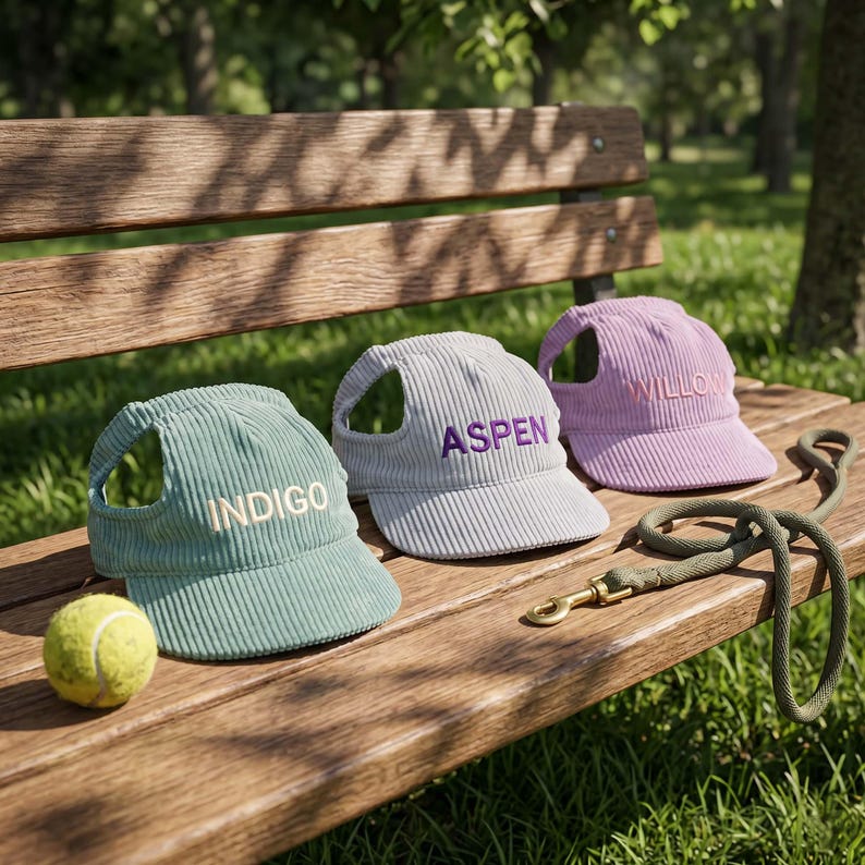 May include: Three corduroy dog hats in teal, gray, and lavender, each embroidered with a name: "Indigo", "Aspen", and "Willow". A green dog leash and a tennis ball rest on a wooden bench in a park setting.