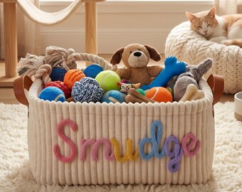 Personalized Corduroy Pet Toy Basket – Custom Dog Cat Organizer